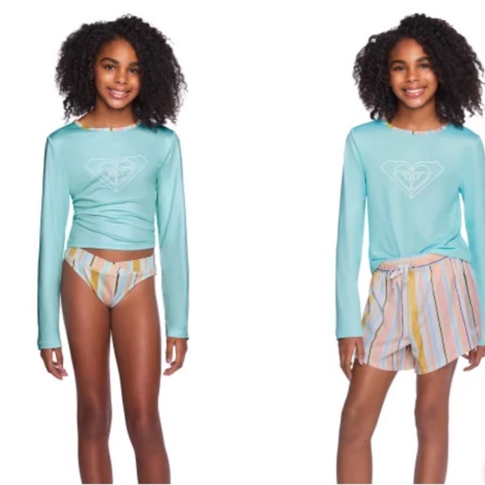 Roxy Youth 3-piece Swim Set rash guard, light blue